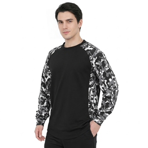 Black Camo <b>Raglan</b> Long <b>Sleeve</b> <b>T</b> <b>Shirt</b> Oversized Cotton Tee Digital Print Casual Men's - Product Image 4