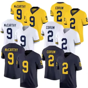 男装密歇根大学橄榄球球衣2布莱克·科鲁姆9 J.麦卡锡缝制了F.U.S.E.有限球员球衣-海军