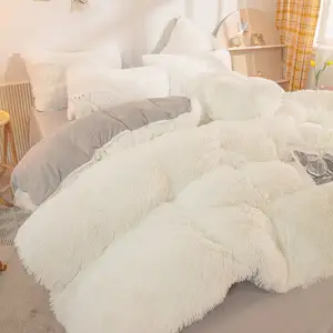 Juegos de cama suaves de felpa esponjosa de terciopelo de piel sintética de Color arcoíris de lujo de alta calidad, colecciones de 4 piezas cálidas para el invierno en el hogar