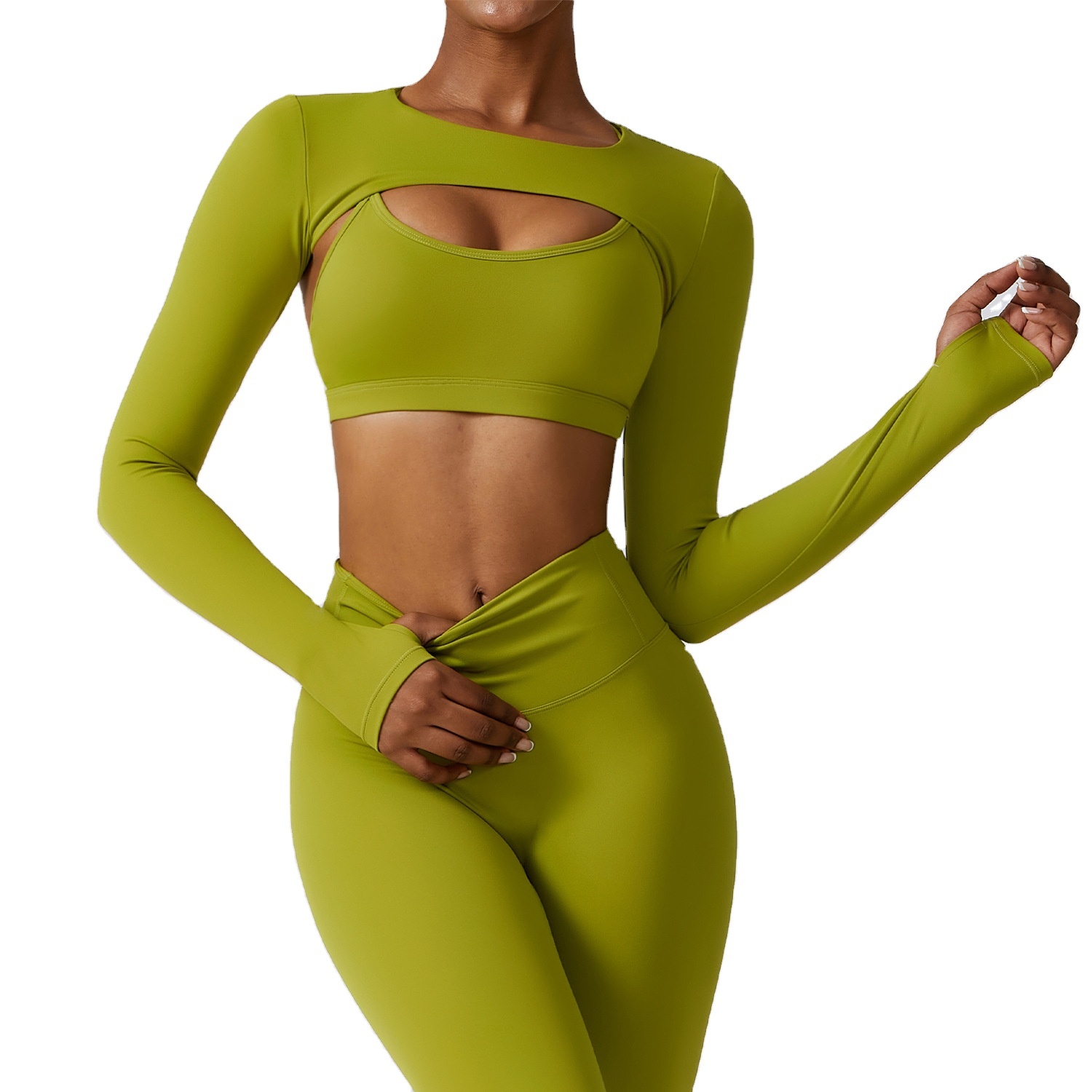 Nude Yoga Wear Women Workout Gym Fitness Sets 3 Piece Sports Bra Long Sleeve And Leggings Set