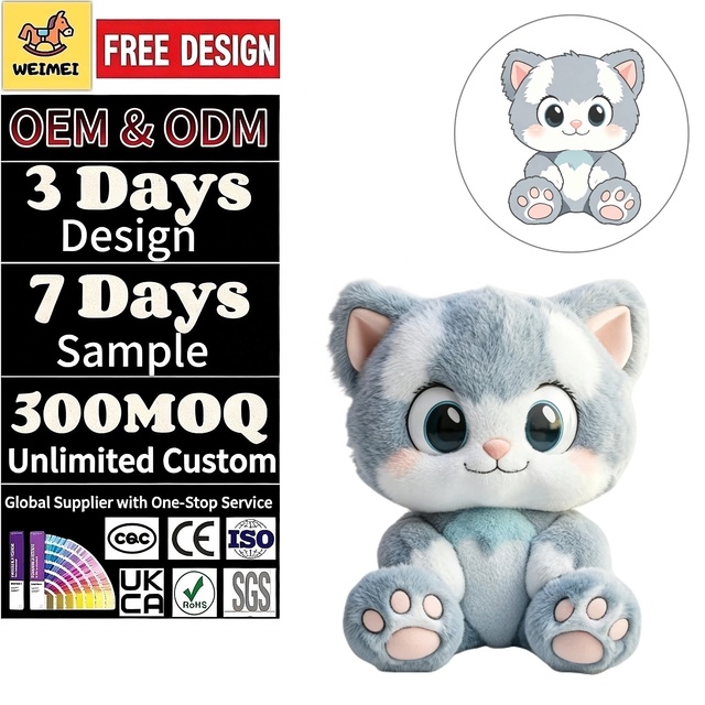 WEIMEI Custom Plush Stuffed Animal Doll Cute Cat Plush Toy PP Cotton Filling Embroidery OEM ODM Custom Doll Manufacturers