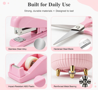 Ensemble d'organisateurs de bureau en plastique rose personnalisé, kit d'accessoires de papeterie esthétiques, distributeur de ruban adhésif, agrafeuse, ciseaux, calculatrice, pour étudiants
