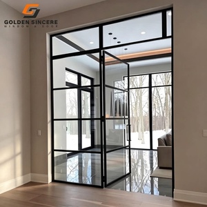 Porte battante en verre à cadre fin en aluminium noir GS, porte double vitrage moderne à grille française pour villa - Product Image 1