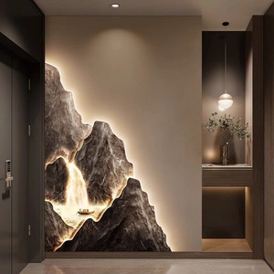 Arte Murale Moderna di Lusso con Rilievo 3D di Montagna e Cervo Dorato Retroilluminato a LED, Dipinto Decorativo per Ingresso, Soggiorno e Hotel - Product Image 1