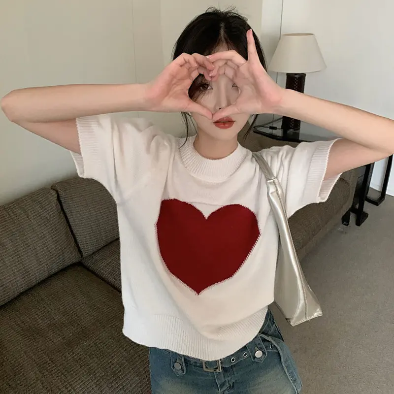قميص سويتر منسوج فضفاض غير رسمي مطبوع عليه شكل قلب جميل للفتيات