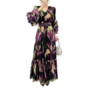 Robe longue élégante en mousseline à imprimé floral bohème, col en V, manches à volants, coupe trapèze ample, pour soirée d'été, taille naturelle, ourlet plissé - Product Image 2