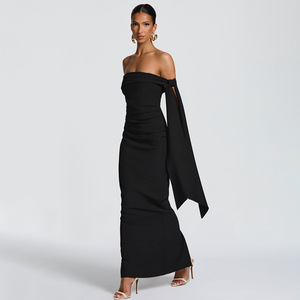 Vestido largo sin tirantes con lazo y cintura natural, transpirable, para la noche. - Product Image 4