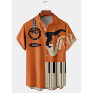 Camicia Hawaiana Estiva da <span class=keywords><strong>Uomo</strong></span> 2026 con Stampa Vintage Chitarra, Grafica Simbolo della Pace e Corvo, a Maniche Corte, con Bottoni, Casual da Spiaggia - Product Image 6