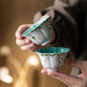 Hand Painted Wisteria Ceramic <b>Teacup</b> Turquoise Green Master Cup Chinese Kung Fu Tea Set Single Personal Tasting Cup - Product Image 1