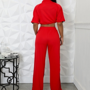 Conjunto de 2 piezas casual de moda para mujer: Top de mezclilla con cuello de colores y cremallera y pantalones de pierna ancha - Product Image 2