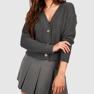 Cardigan en tricot ample à col en V boutonné pour femme, couleur unie, style décontracté, tricoté à grosses mailles, vente en gros - Product Image 3