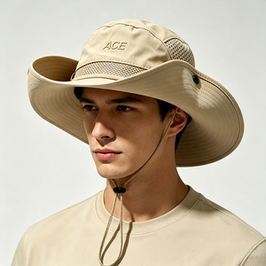 Chapeau de pêcheur pour homme à large bord, en toile respirante avec protection UV, sangle de menton réglable, idéal pour la pêche et la randonnée en été - Product Image 1