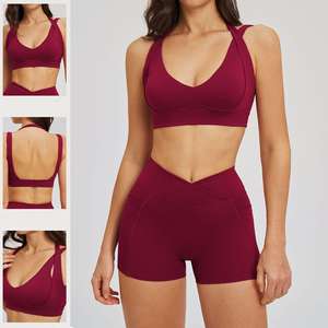 2026 Womens Naked Sensation Yoga Set Cross Back Padded <b>Sports</b> <b>Bra</b> High Waist Butt Lifting Shorts Breathable Solid Ruched Front - Product Image 2