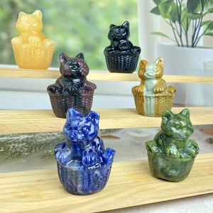 Оптовые натуральные целебные кристаллы в виде резных фигурок животных: кошка в бамбуковой корзине для декора дома - Product Image 5