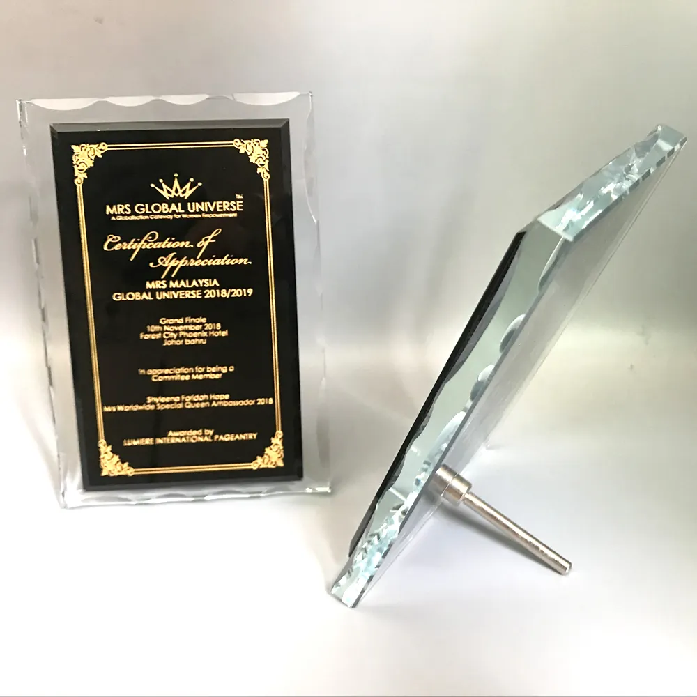 Nieuwe collectie YearsCrystal Toestemming Certificaat gegraveerd Glas fotolijst kristal award plaquette met metalen ondersteuning