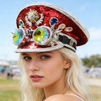 Chapeaux de Capitaine Steampunk Rouges Personnalisés avec Paillettes et Strass, MOQ 3, pour Hommes et Femmes, Luxe, Décontractés, pour la Plage, les Fêtes en Plein Air, Style Burning Man - Vente en Gros