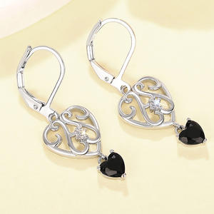 Boucles d'oreilles tibétaines en argent avec pierre noire et diamant, motif cœur, « l'amour est vrai, rien d'autre », bijoux de mariage pour femmes - Product Image 4