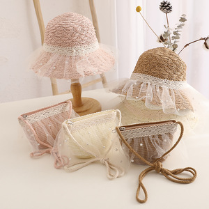 Go Party Summer Sweet Baby Lace Pearl <strong>Hat</strong> <strong>Straw</strong> and Handbag Kids Girls Casual <strong>Hats</strong> Shoulder Bag Set Children Beach Sun Visor <strong>Hat</strong> - Product Image 1