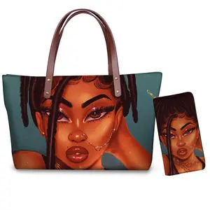 wholesale Luxury Design Handbags Ladies Women Black Art African Girl Printing 2pcs/set Hand Bag&Wallet Females Bolsas Purse