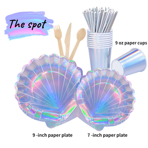 Vaisselle de table de forme spéciale de fête de sirène, gobelet en papier jetable, <span class=keywords><strong>assiette</strong></span> en papier 7 pouces 9 pouces ensemble d'assiettes en papier laser - Product Image 1