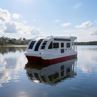Bateau-maison remorquable en aluminium avec cabine, lit, toilettes, cuisine, évier, table à manger, moteur hors-bord pour la pêche et les excursions en plein air