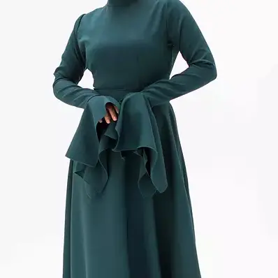 Thời Trang Trung Đông Tulle Gown Arabic Rắn Cổ Tròn Dài Lớn Tay Áo Áo Đầm Hồi Giáo Phụ Nữ Của Nút Voan Abaya