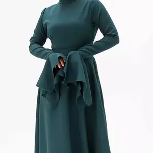 패션 중동 얇은 명주 그물 가운 아랍어 솔리드 라운드 넥 긴 큰 소매 튜닉 원피스 이슬람 여성의 버튼 쉬폰 아바야