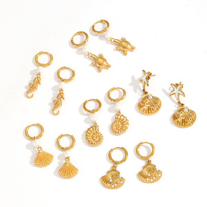 ต่างหูห้อยรูปทะเล ทำจากสแตนเลส ประดับเปลือกหอย เต่า ม้าน้ำ และดาวทะเล  เครื่องประดับสำหรับงานปาร์ตี้ สีทอง  ต่างหูแฟชั่น - Product Image 4