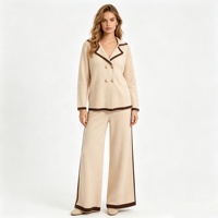 Fourniture usine vetements femme ensemble tricot blazer bord contrasté pantalon jambe large maille OEM en gros