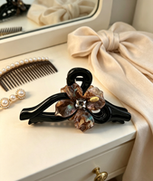 Pince à cheveux rétro marron scintillante à motif floral, barrette à cheveux décorée de cristaux étincelants, accessoires de coiffure en acrylique tendance pour femmes