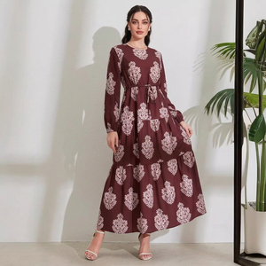 ชุดเดรสพิมพ์ลายมุสลิมสำหรับผู้หญิง ความยาวเต็มตัว เอวผูกเชือก สไตล์เรียบร้อย ขายส่ง - Product Image 1