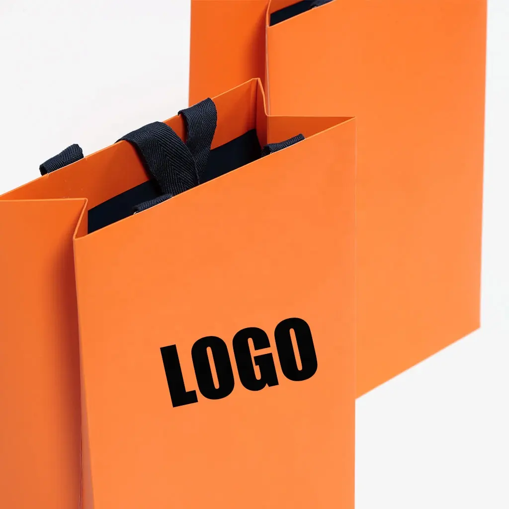 Sac en papier de personnalisation de logo UV de support de poignée cachée de luxe orange d'estampage à l'or