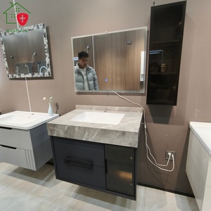 Blue-gray bathroom cabinet with a side transparent display vertical cabinet stone countertop and white washbasin - Product Image 5