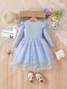 Robe longue à manches longues pour filles, style <span class=keywords><strong>princesse</strong></span>, douce, à fleurs, à volants, patchwork, en maille, pour le printemps et l'automne - Product Image 3