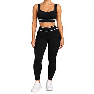 Ensemble de vêtements de sport 2 pièces noir pour femmes, soutien-gorge de sport, leggings taille haute, tenue de sport pour entraînement, fitness, yoga - Product Image 1