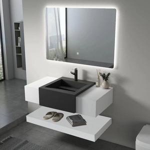 Ensemble de meubles-lavabos de salle de bain mural en pierre frittée haut de gamme personnalisé avec vasque intégrée et miroir LED pour projets hôteliers et d'appartements - Product Image 6