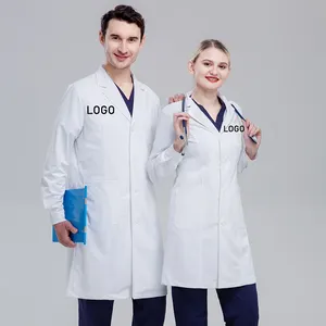 Vendita calda Unisex cotone poliestere uniforme ospedale scienza medica infermieristica manica lunga medico infermiere bianco camice da laboratorio uomini e donne