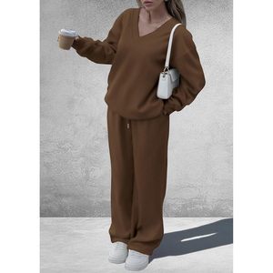 Ensemble de survêtement décontracté en maille pour femme FOXA, col en V, pantalon large, tenue d'automne respirante à manches longues - Product Image 3