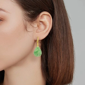 Pendientes de Plata 925 con Base de Espinaca Verde Natural y Jadeíta en Forma de Gota, Estilo Antiguo, Grabados, para Mujer - Product Image 5