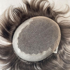Prótesis Capilar de Encaje Francés con Frente Decolorado y Base de PU para <span class=keywords><strong>Hombre</strong></span>, Venta al por Mayor, Cabello Q6 # Parche 310 para Cabello Gris - Product Image 1