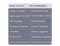 Amplificateur de voiture haute performance avec boîtier en fer noir D3, double carte audio, radio BT, USB, TF, double entrée micro et télécommande