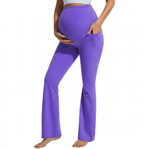 High Waist <b>Maternity</b> Yoga Leggings Solid Color Flared Leg With Pockets Tummy Control <b>Shapewear</b> Elastic Waist Full Length - Product Image 4