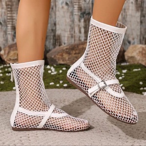 Sandali piatti da donna, ballerine slip-on, stivali a tubo in rete per autunno ed estate, nuovi stivali alla moda versatili e traspiranti in rete a metà polpaccio - Product Image 1