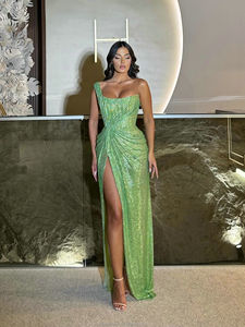 MD50020 Robes de <span class=keywords><strong>d</strong></span>îner tendance sans manches à une épaule Robes de <span class=keywords><strong>demoiselle</strong></span> <span class=keywords><strong>d</strong></span>'<span class=keywords><strong>honneur</strong></span> à traîne longues robes de soirée vertes pour femmes - Product Image 4
