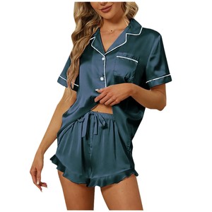 Wholesale Women's Soft Polyester Short-sleeved V-neck Knitted Pajamas Set Solid Color Lapel Loose Female Home Loungewear Set - Product Image 3