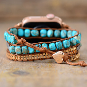Bracelet Apple Watch 20 mm en tissu perlé tissé turquoise, style bohème, pour Apple Watch - Product Image 2
