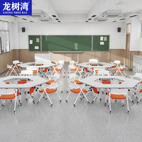 Ensemble bureau et chaise pour étudiants, table mobile à roulettes, table d'école pliable personnalisable en forme d'éventail, réglable pour les élèves