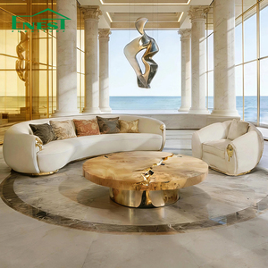 Set di Mobili di Lusso per Soggiorno in Stile Palazzo Italiano, Divano Curvo in Velluto Placcato Oro <span class=keywords><strong>e</strong></span> <span class=keywords><strong>Poltrone</strong></span> con Design Artistico Ornato per Grandi Ville - Product Image 2