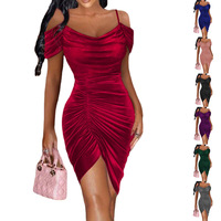 Vestido sexual de terciopelo para mujer, nuevo diseño, fruncido, tirantes finos, ajustado, ceñido, asimétrico