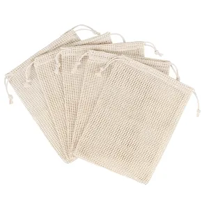 Manufacturer Supplier Eco-friendly Drawstring Cotton Mesh Reusable Nuts Fruits Produce Bags